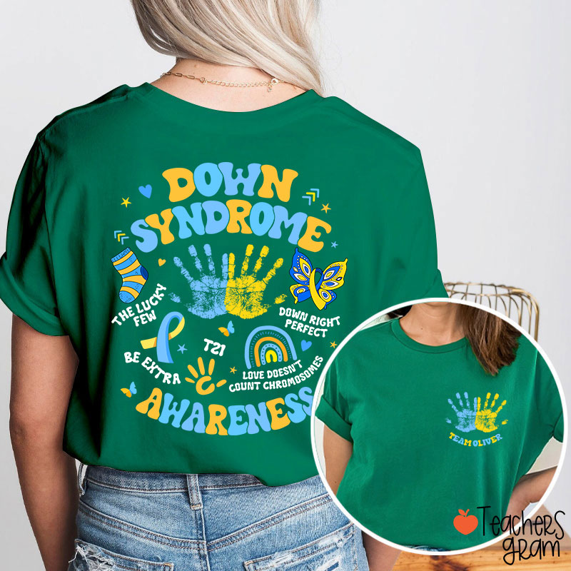 Personalized Name Down Syndrome Awareness Teacher Two Sided T-Shirt