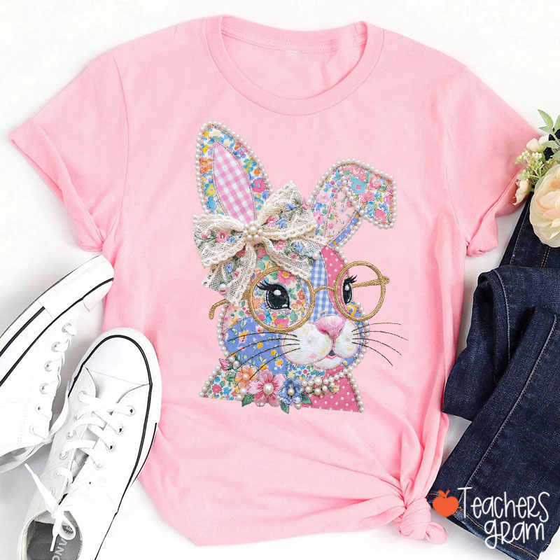 Faux Patchwork Bunny Teacher T-Shirt