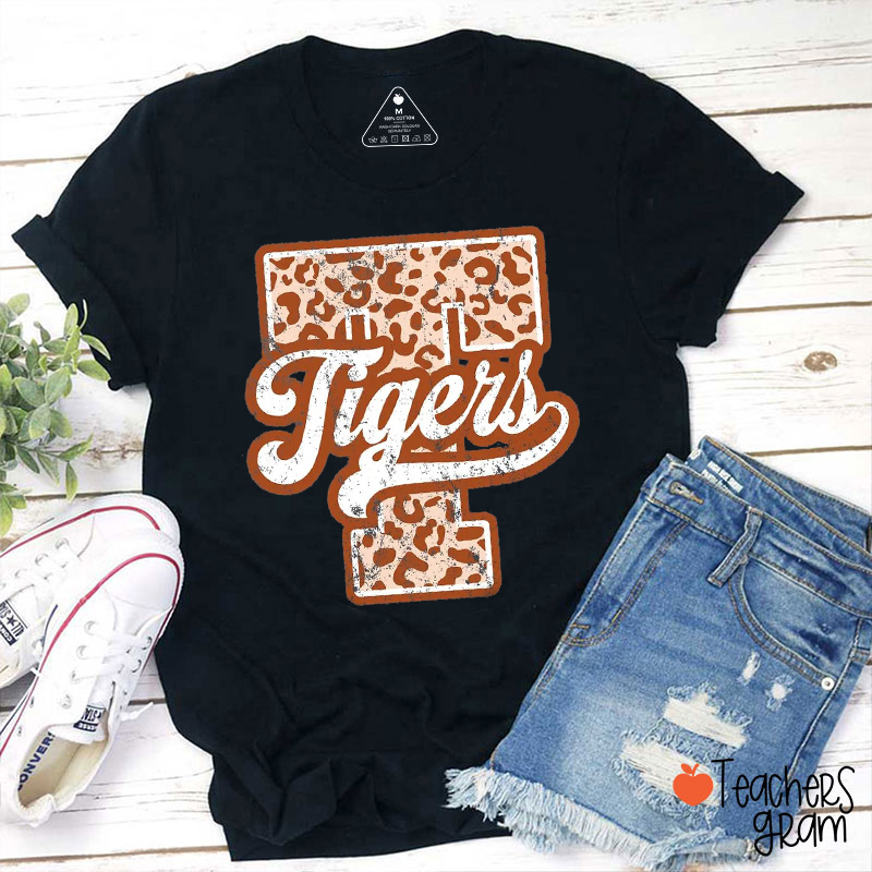 Personalized Mascot Leopard Block Letter Teacher T-Shirt