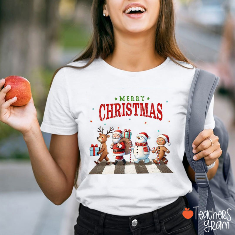 Merry Christmas Xmas Walking Across Teacher T-Shirt
