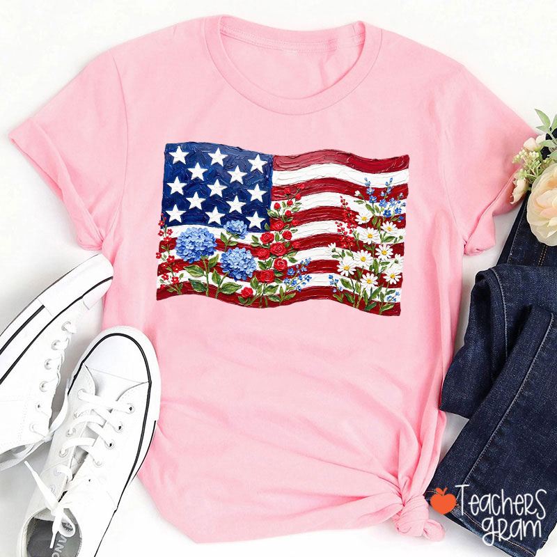 Floral American Flag Teacher T-Shirt