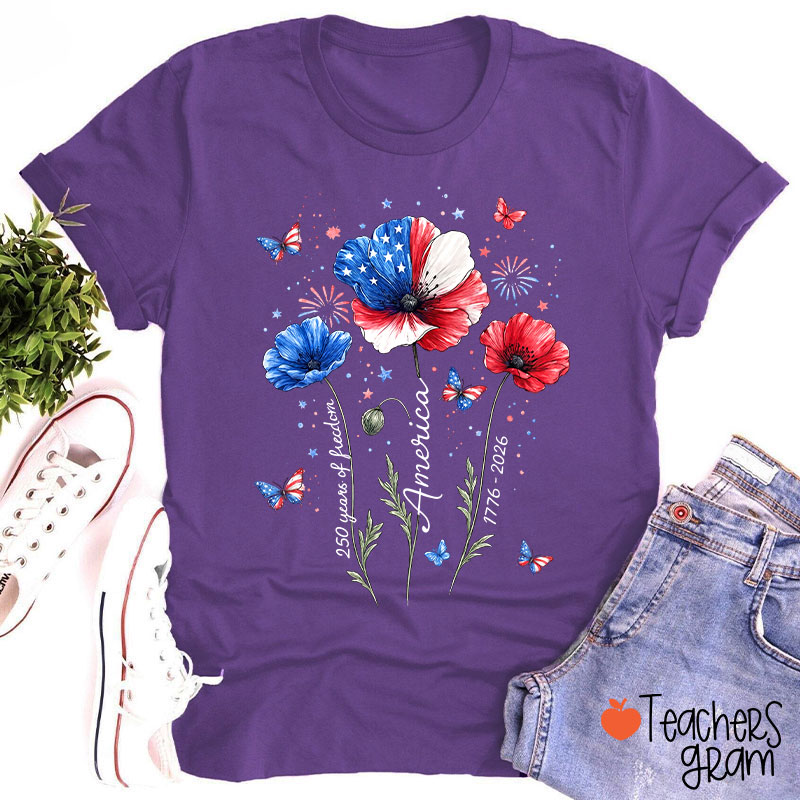 4th Of July 250 Years Of Freedom Floral Teacher T-Shirt