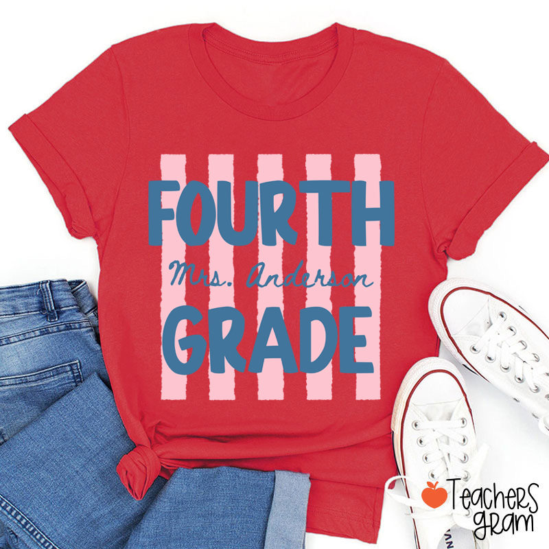 Personalized Name And Grade Preppy Stripes Teacher T-Shirt