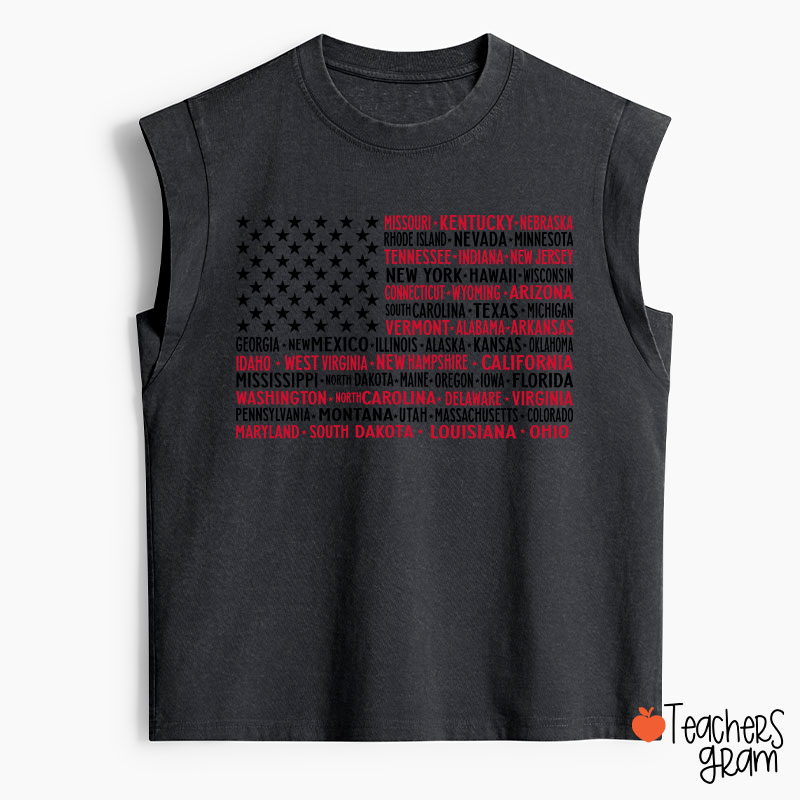Vintage American Flag 4th Of July Teacher Washed Tank Top