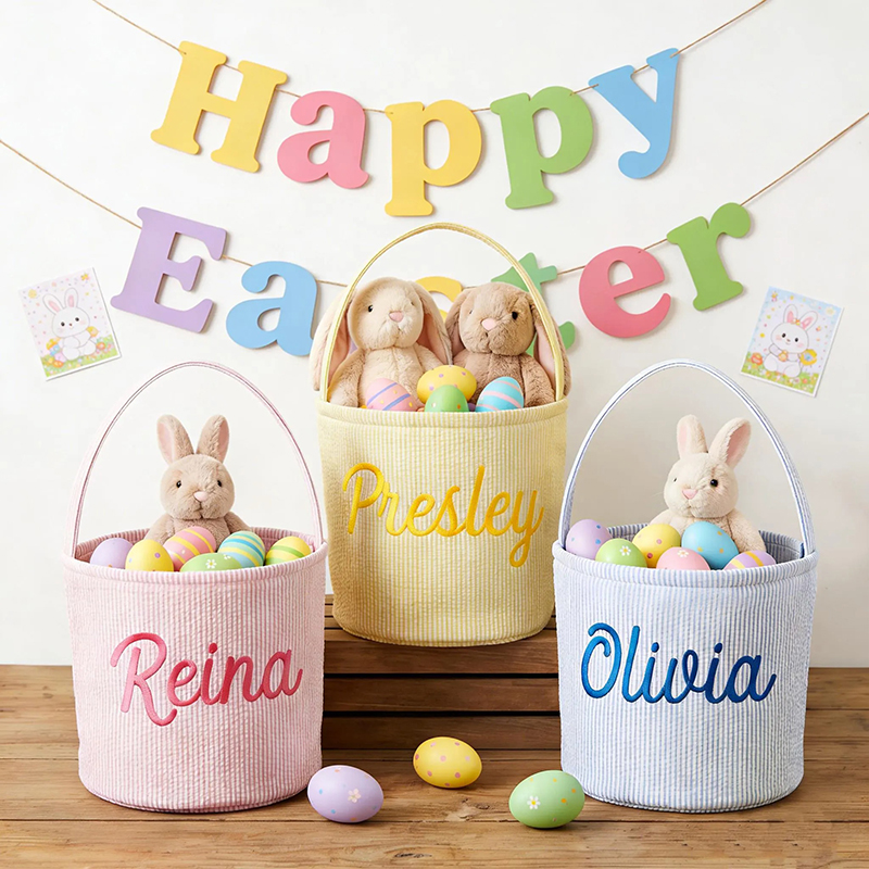 Personalized Faux Embroidered Easter Seersucker Teacher Basket