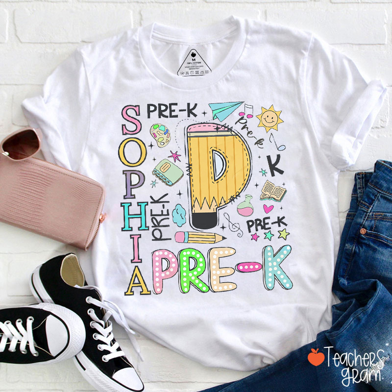 Personalized Name Pencil School Supply Sun Star Teacher T-Shirt