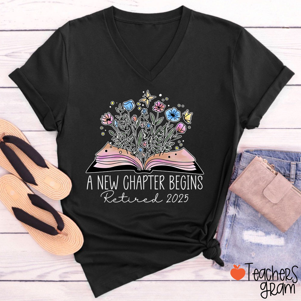 Personalized A New Chapter Begins Retired Teacher Female V-Neck T-Shirt