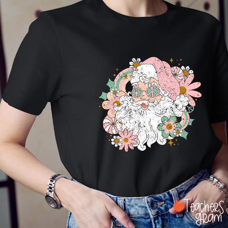 Floral Santa Merry Christmas Teacher T-Shirt