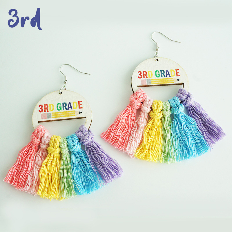 Grade Tassel Rainbow Teacher Wooden Earrings