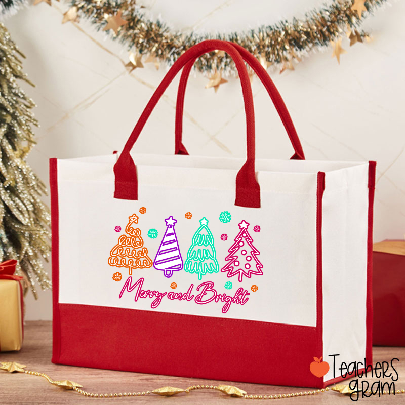 Neon Christmas Tree Merry Christmas Teacher Cotton Tote Bag
