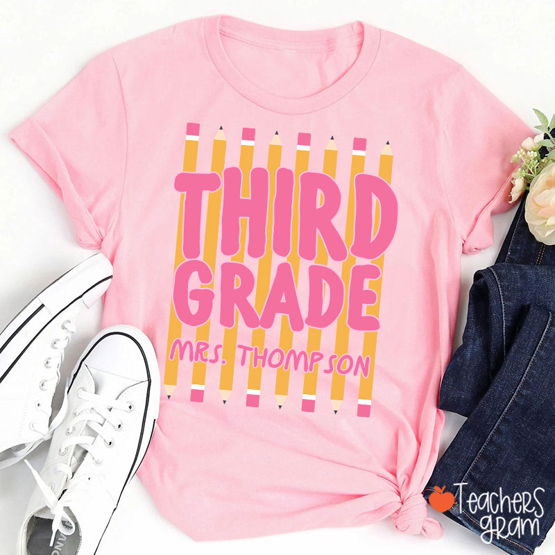 Personalized Name And Grade Pencil Stripes Teacher T-Shirt