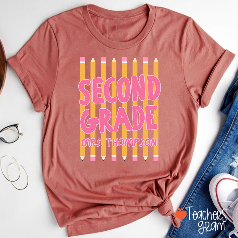 Personalized Name And Grade Pencil Stripes Teacher T-Shirt