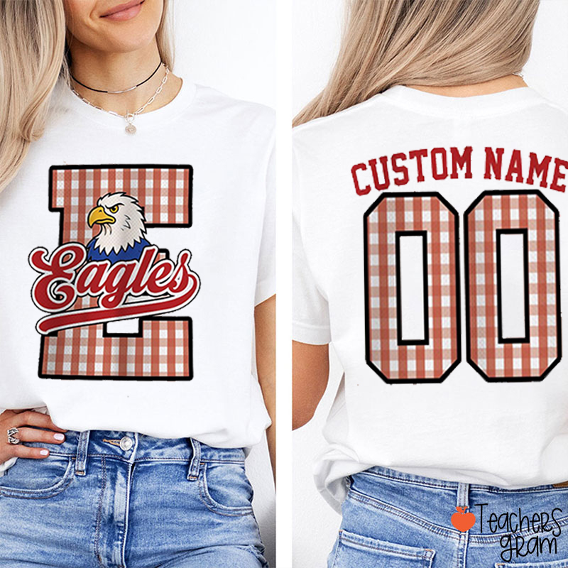 Personalized Mascot Plaid Letter Teacher Two Sided T-Shirt