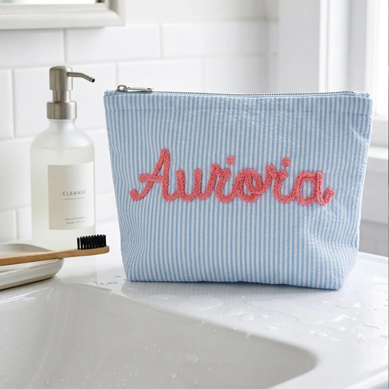 Personalized Vacation Travel Seersucker Makeup Bag