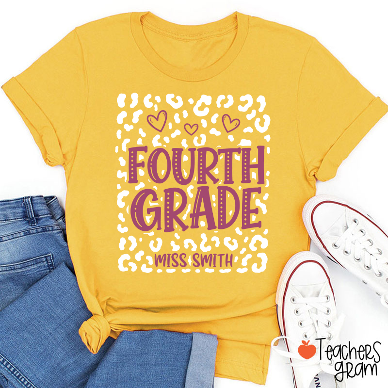 Personalized Name And Grade Leopard Heart Teacher T-Shirt