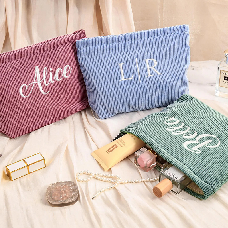 Personalized Name Embroidered Corduroy Preppy Teacher Makeup Bag