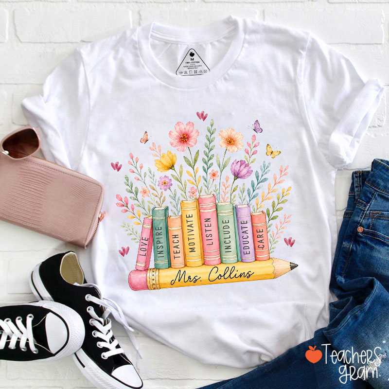Personalized Wildflower Books Name Teacher T-Shirt
