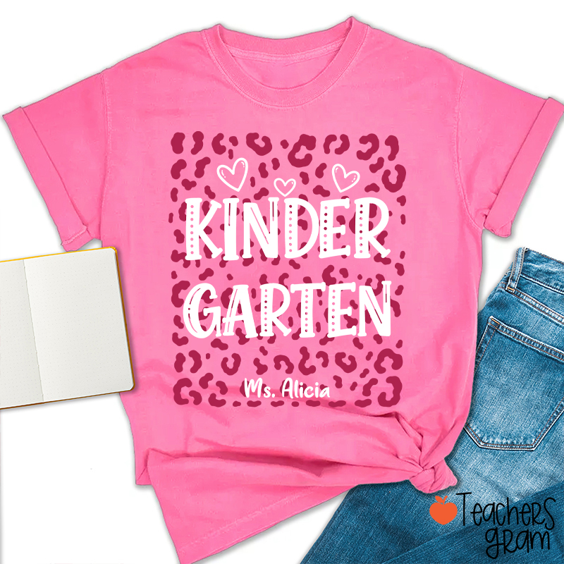 Personalized Name And Grade Leopard Heart Teacher T-Shirt