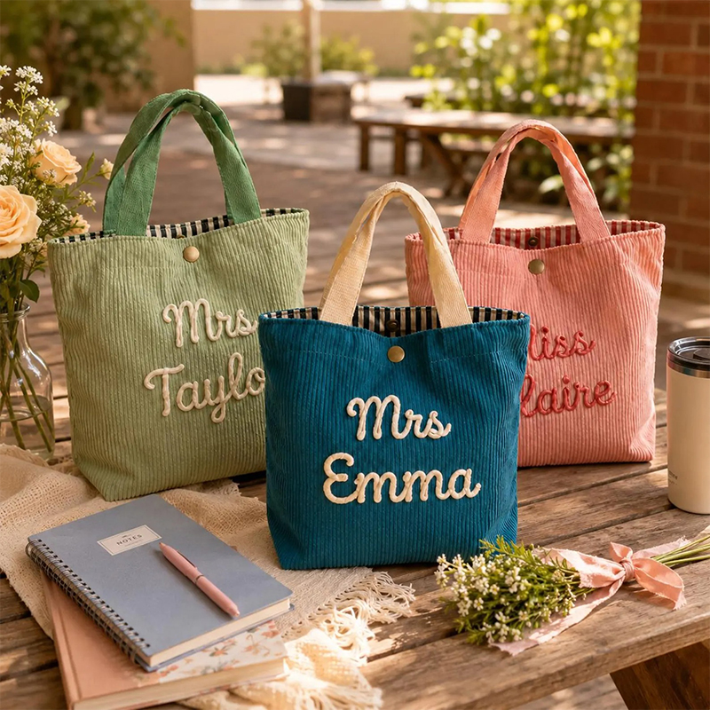Personalized Name Chunky Yarn Embroidery Corduroy Teacher Tote Bag