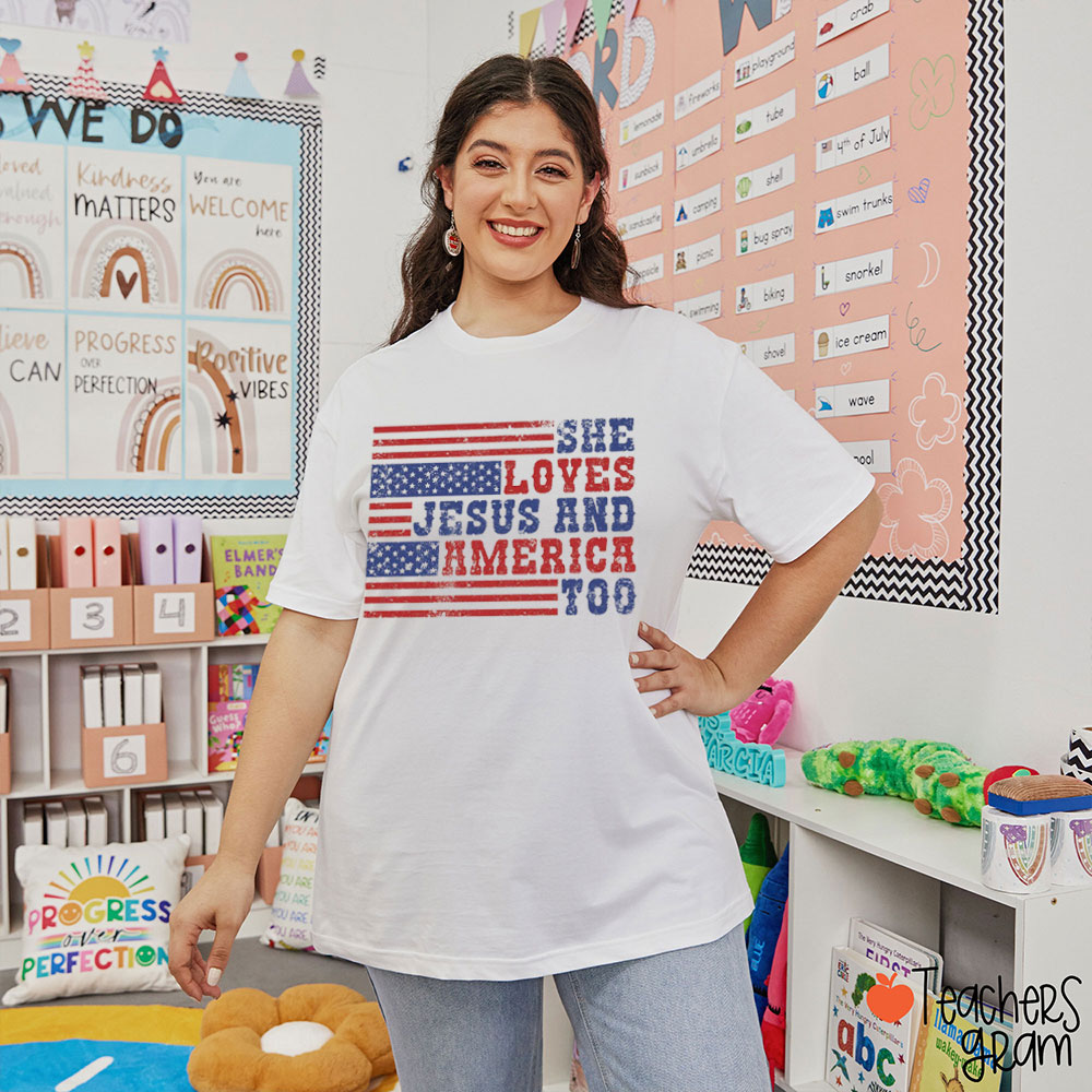 She Loves Jesus And America Too Teacher T-Shirt