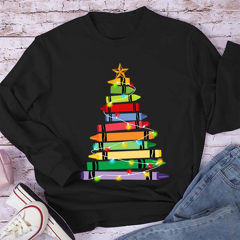 Crayons Tree Colored Ligths Teacher Long Sleeve T-Shirt