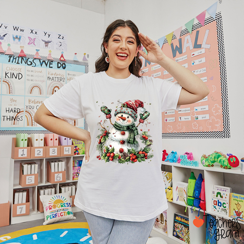 Snowman Holly Merry Christmas Teacher T-Shirt
