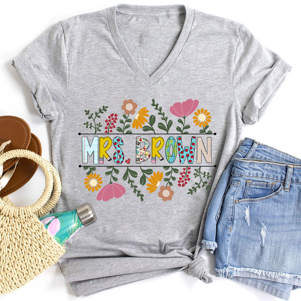 Personalized A Cluster Of Blooming Flowers Teacher Female V-Neck T-Shirt