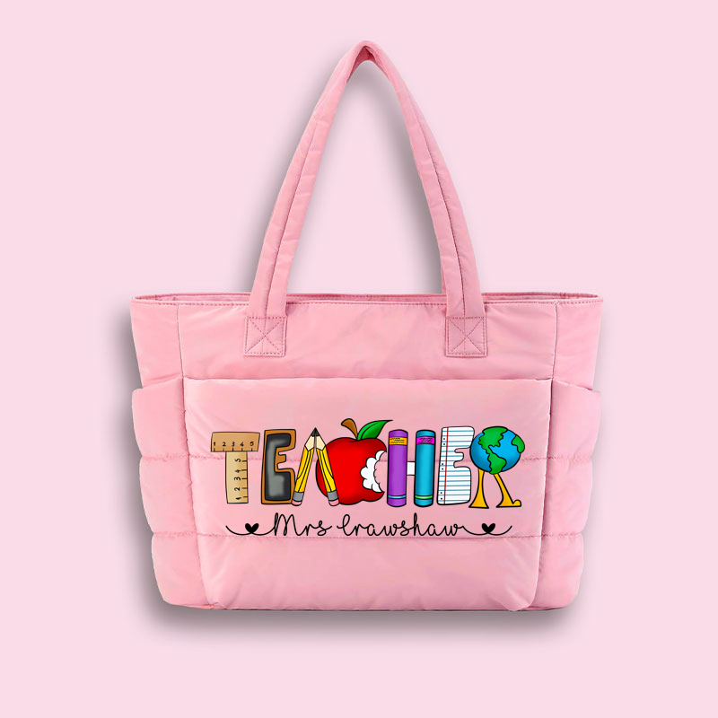 Personalized Name Cartoon Stationery Pencil Teacher Puffy Tote Bag