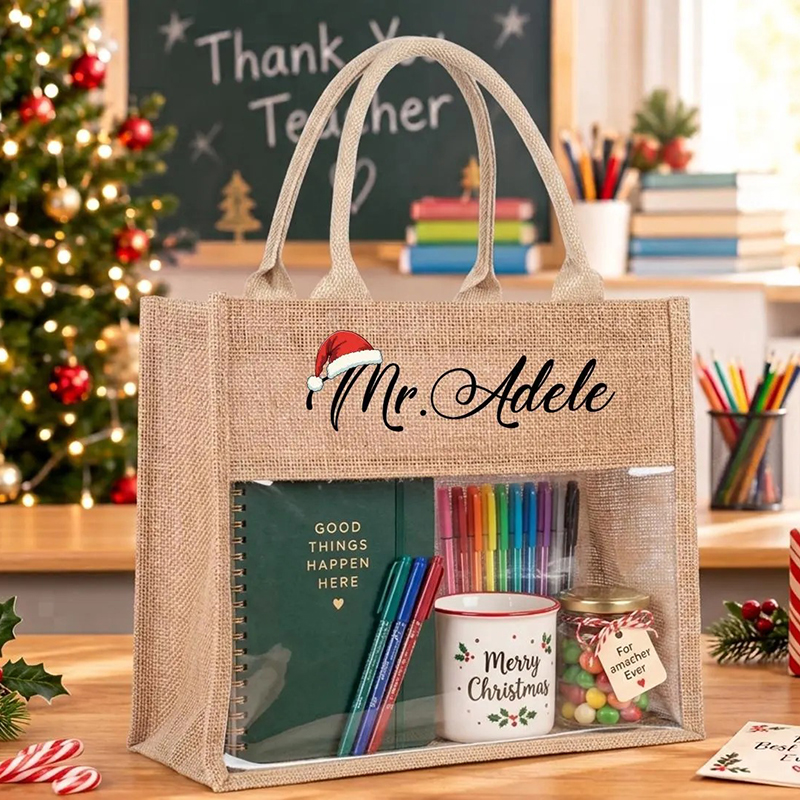 Personalized Name Christmas Vibes Clear Window Burlap Teacher Tote Bag