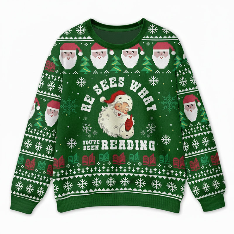 He Sees What You Reading Teacher Ugly Fluffy Christmas Sweater