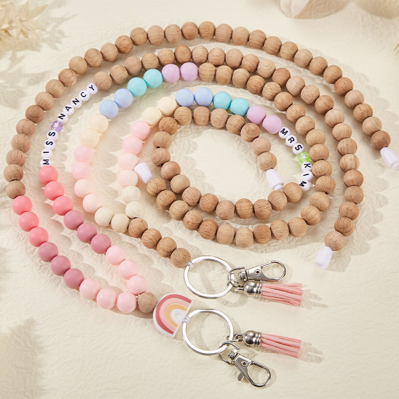 Personalized Name Multicolor Wooden Beads Teacher Lanyard