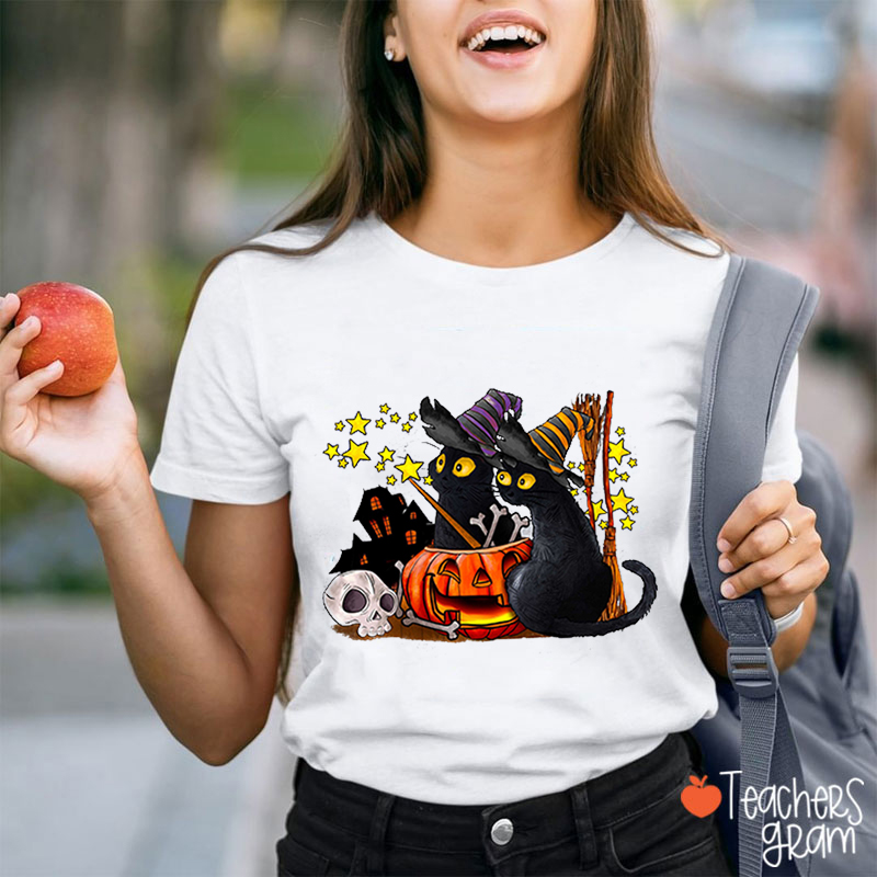 Black Cat Pumpkin Halloween Teacher T-Shirt