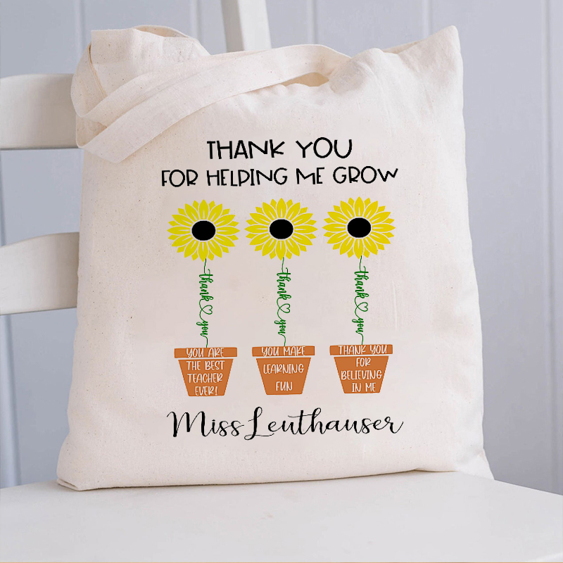 Personalized Thank You Helping Me Grow Teacher Tote Bag