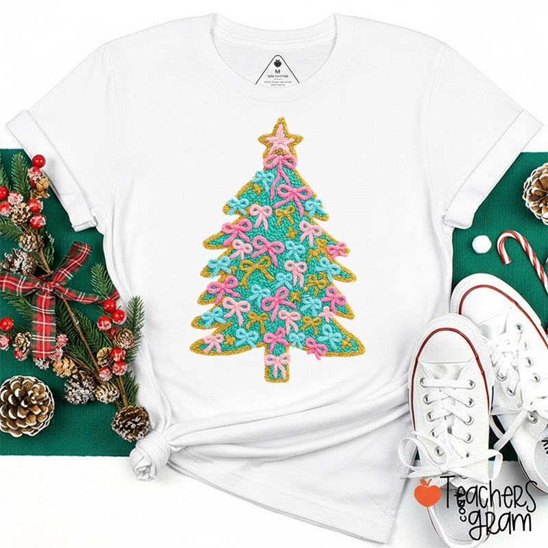 Faux Yarn Bow Tie And Christmas Tree Teacher T-shirt
