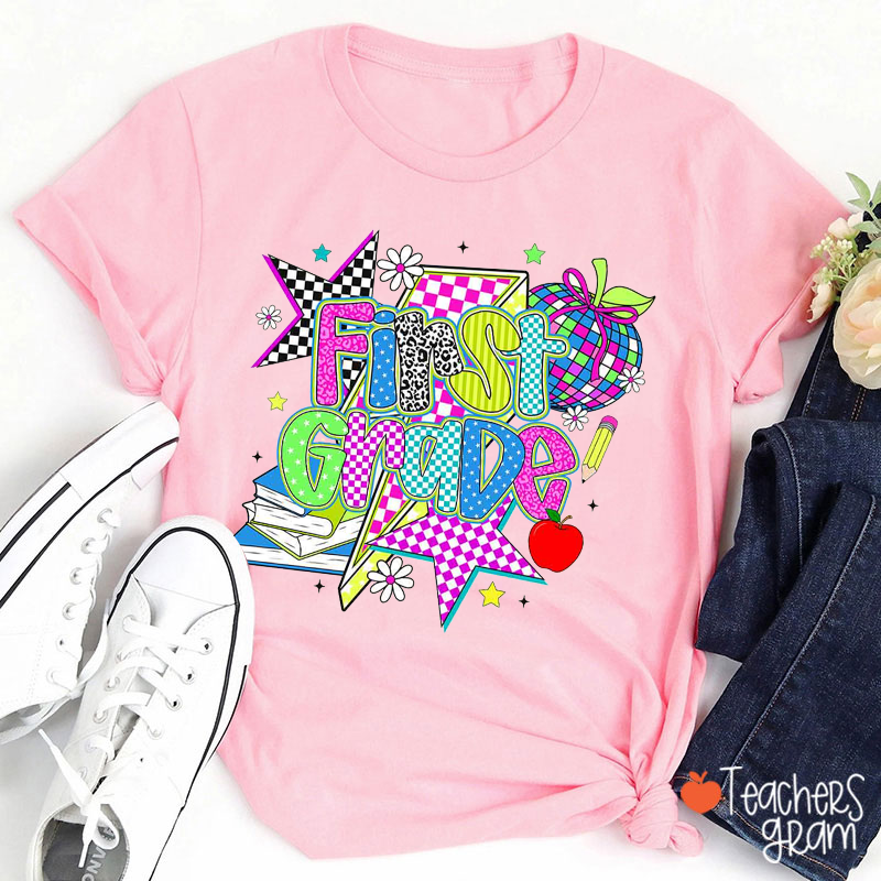 Personalized Grade Checkerboard Star Apple Lightning Book Flower Teacher T-Shirt