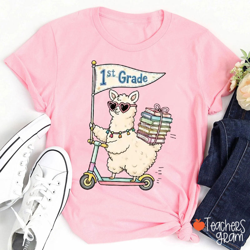 Personalized Grade Cartoon Llama Scooter Books Flag Teacher T-Shirt
