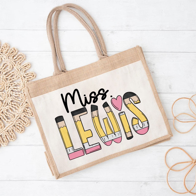 Personalized Pencil Name Teacher Jute Lunch Bag