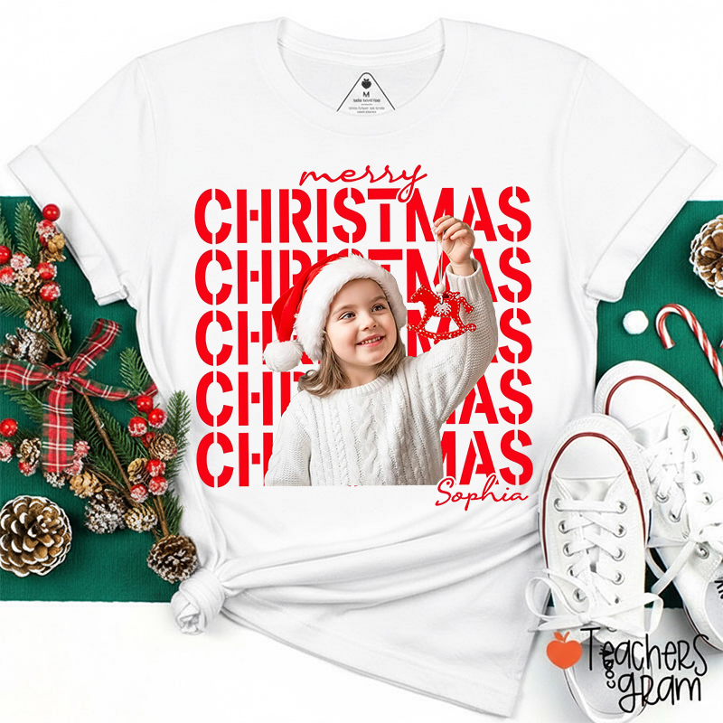 Personalized Stacked Merry Christmas Photo Teacher T-Shirt