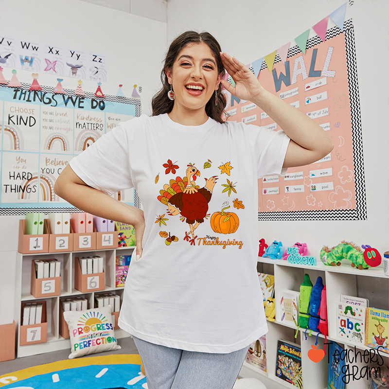 Happy Thanksgiving Turkey Pumpkin Teacher T-Shirt