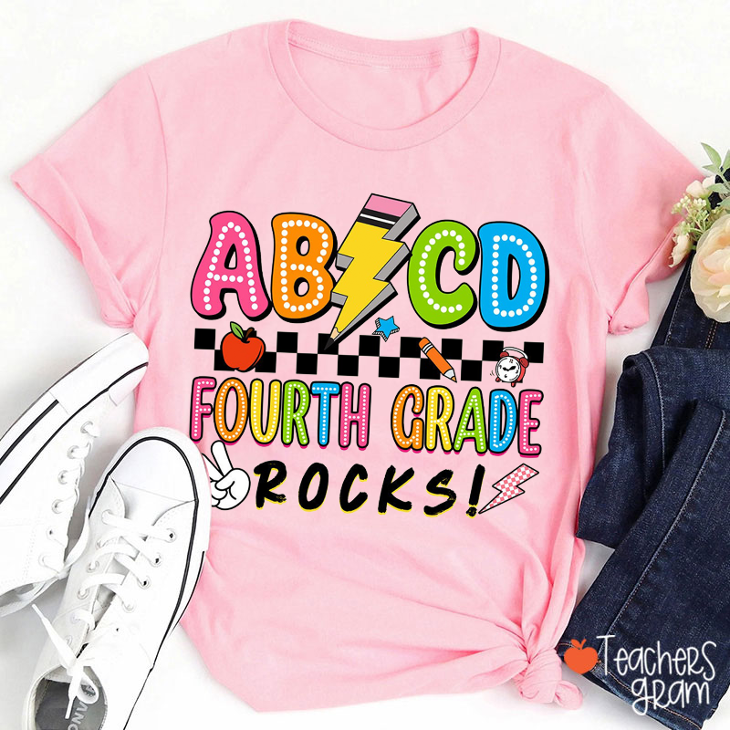 Personalized Grade Rock Checkerboard Lightning Pencil Teacher T-Shirt