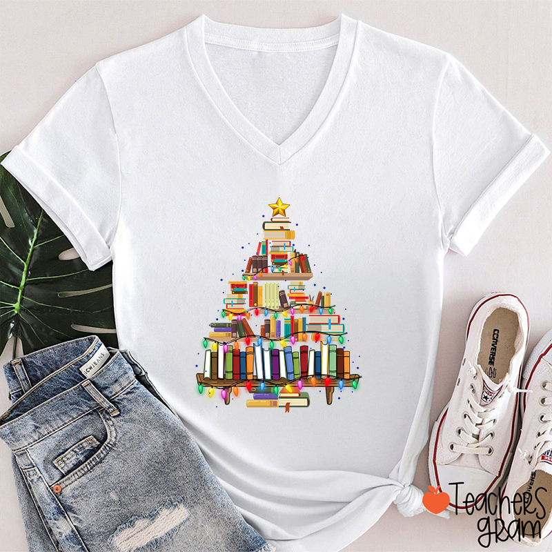 Book Christmas Tree Teacher Female V-Neck T-Shirt