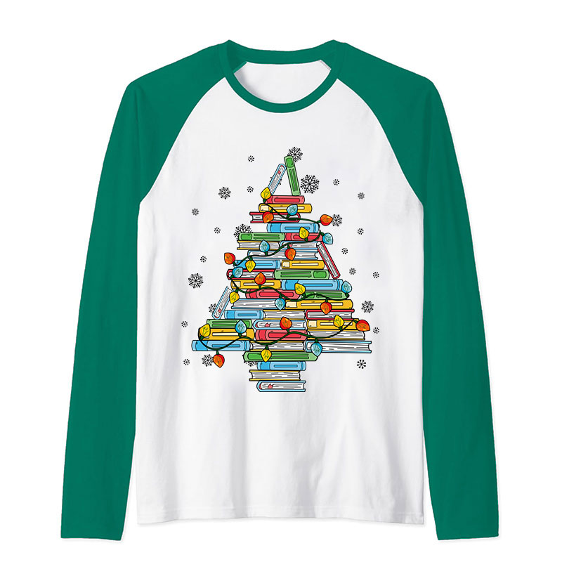 Christmas Books Tree Teacher Raglan Long Sleeve T-Shirt