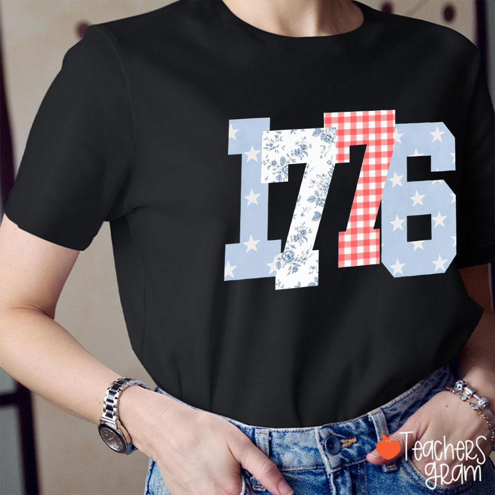 1776 Stars Floral And Gingham Patriotic Teacher T-Shirt