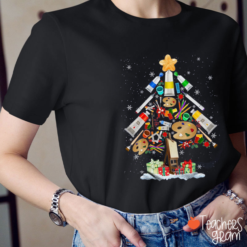 Paint Brush Christmas Tree Art Teacher T-Shirt