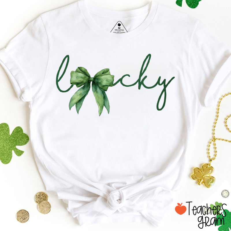 Coquette Bow Lucky St. Patrick's Day Teacher T-Shirt