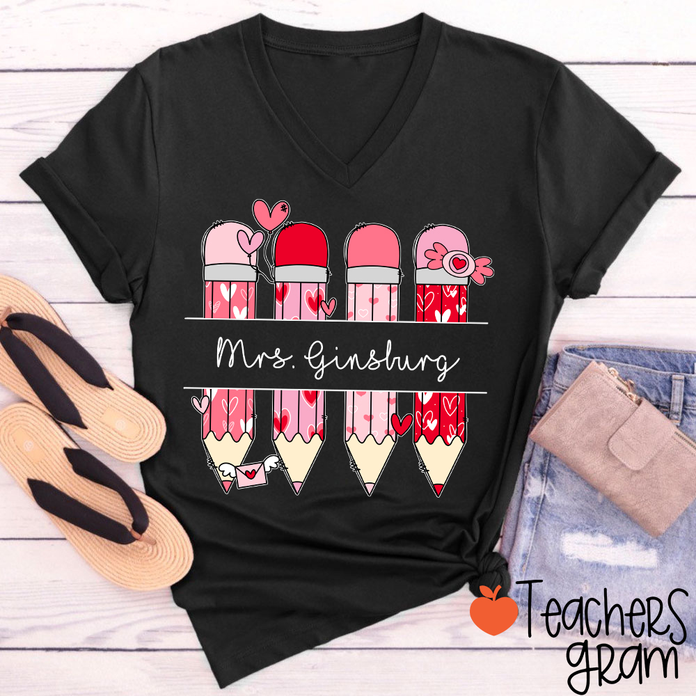 Personalized Pink Pencil Name Teacher Female V-Neck T-Shirt