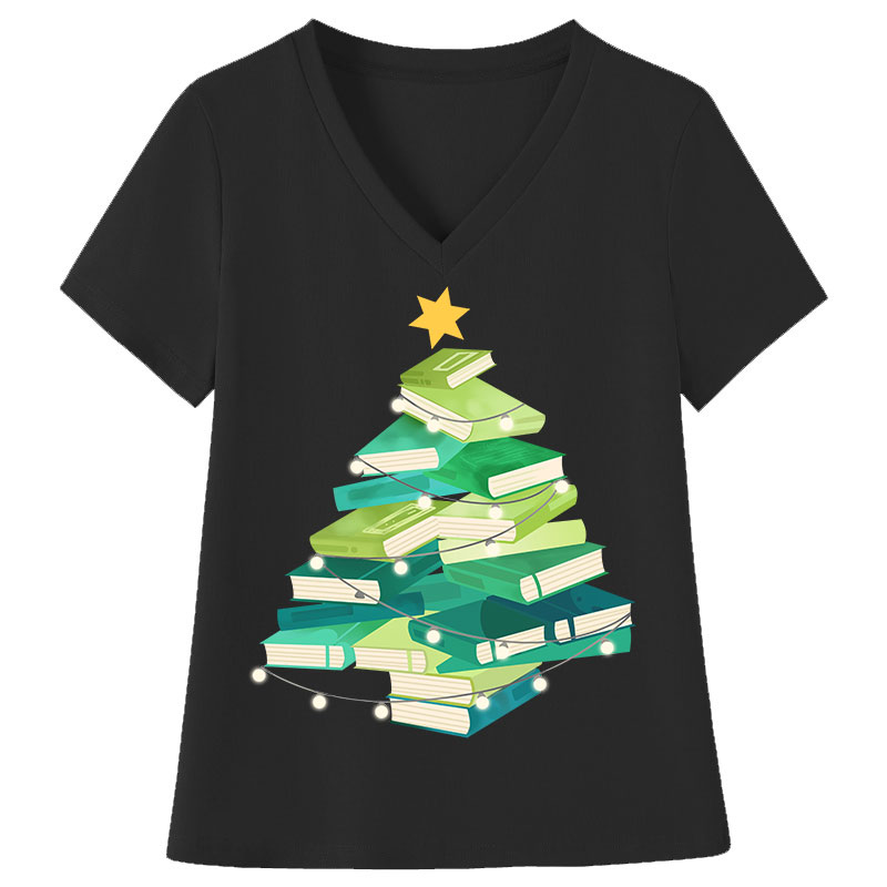 Christmas Book Teacher Female V-Neck T-Shirt