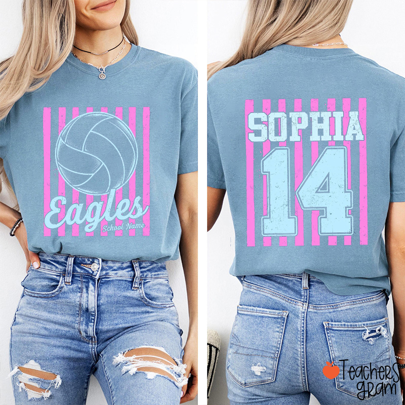 Personalized Mascot Preppy Striped Teacher Two Sided T-Shirt