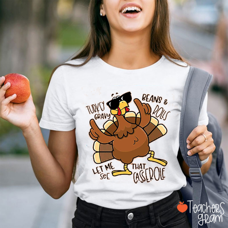 Turkey Gravy Beans Rolls Thanksgiving Teacher T-Shirt