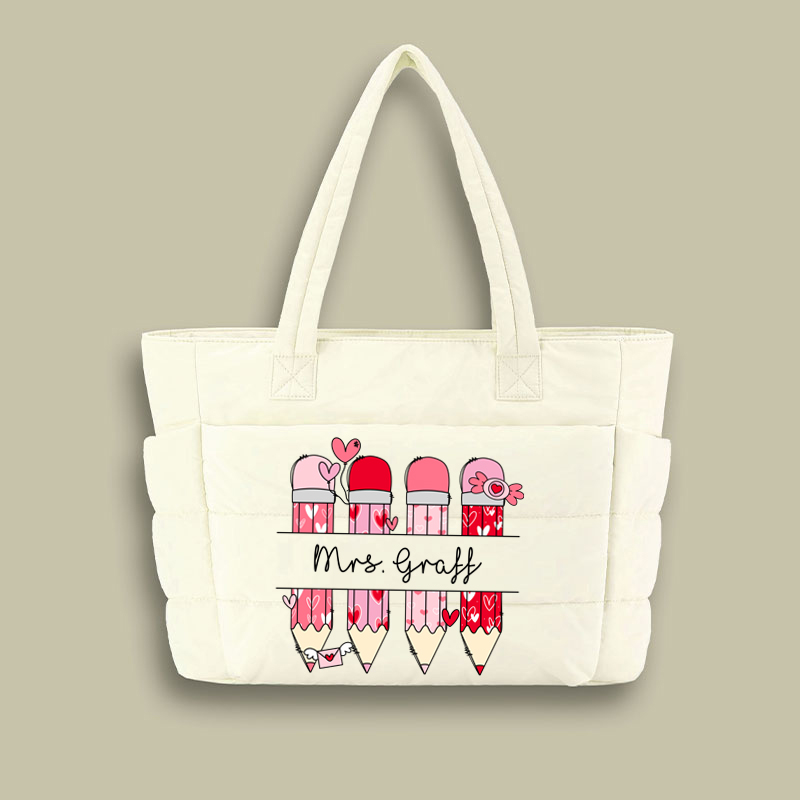 Personalized Pink Pencil Name Teacher Puffy Tote Bag